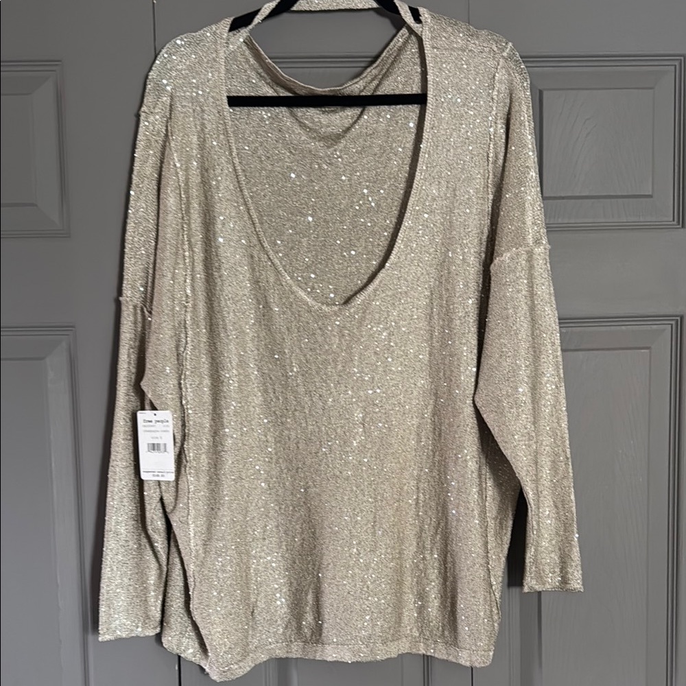 Free People Cream Sequin Oversized Blouse